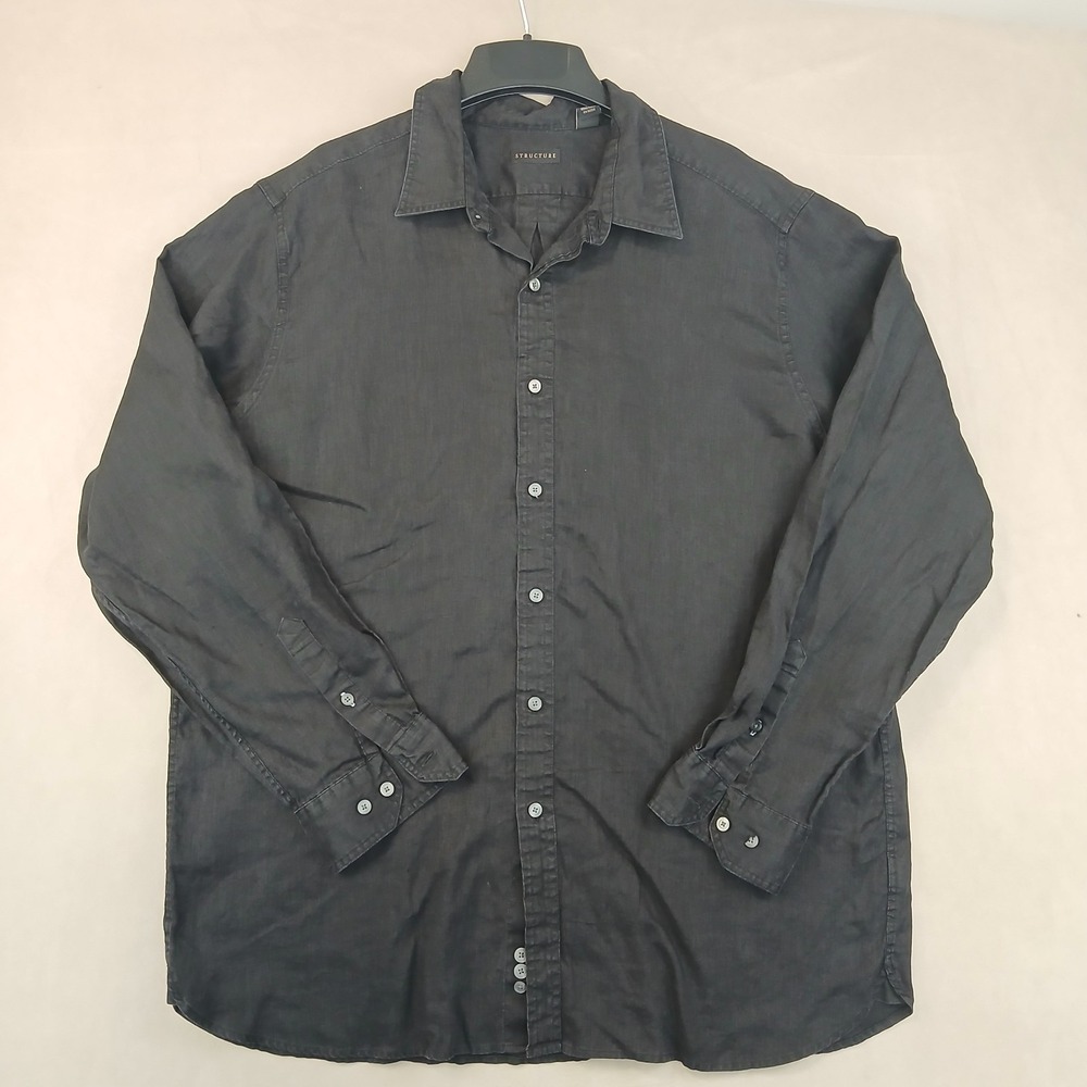 Vintage Structure XL Mens Shirt Black Linen Long Sleeve Button Up 24x31